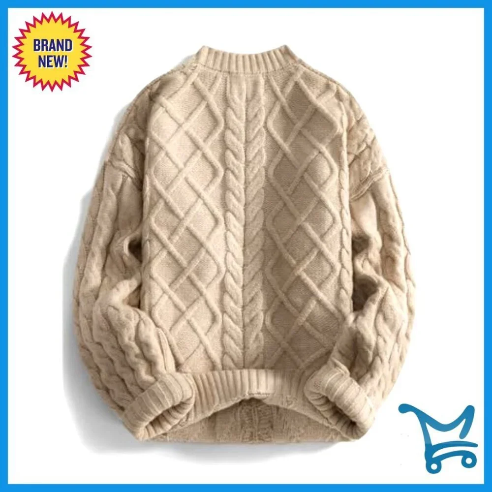 Oversized Cable Knit Chunky Sweater Lantern Sleeve Pullover Loose Fit